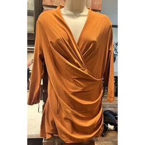 Peruvian Connection Cyprus Ruched Wrap Style  Top Burnt Orange Pima Cotton L
